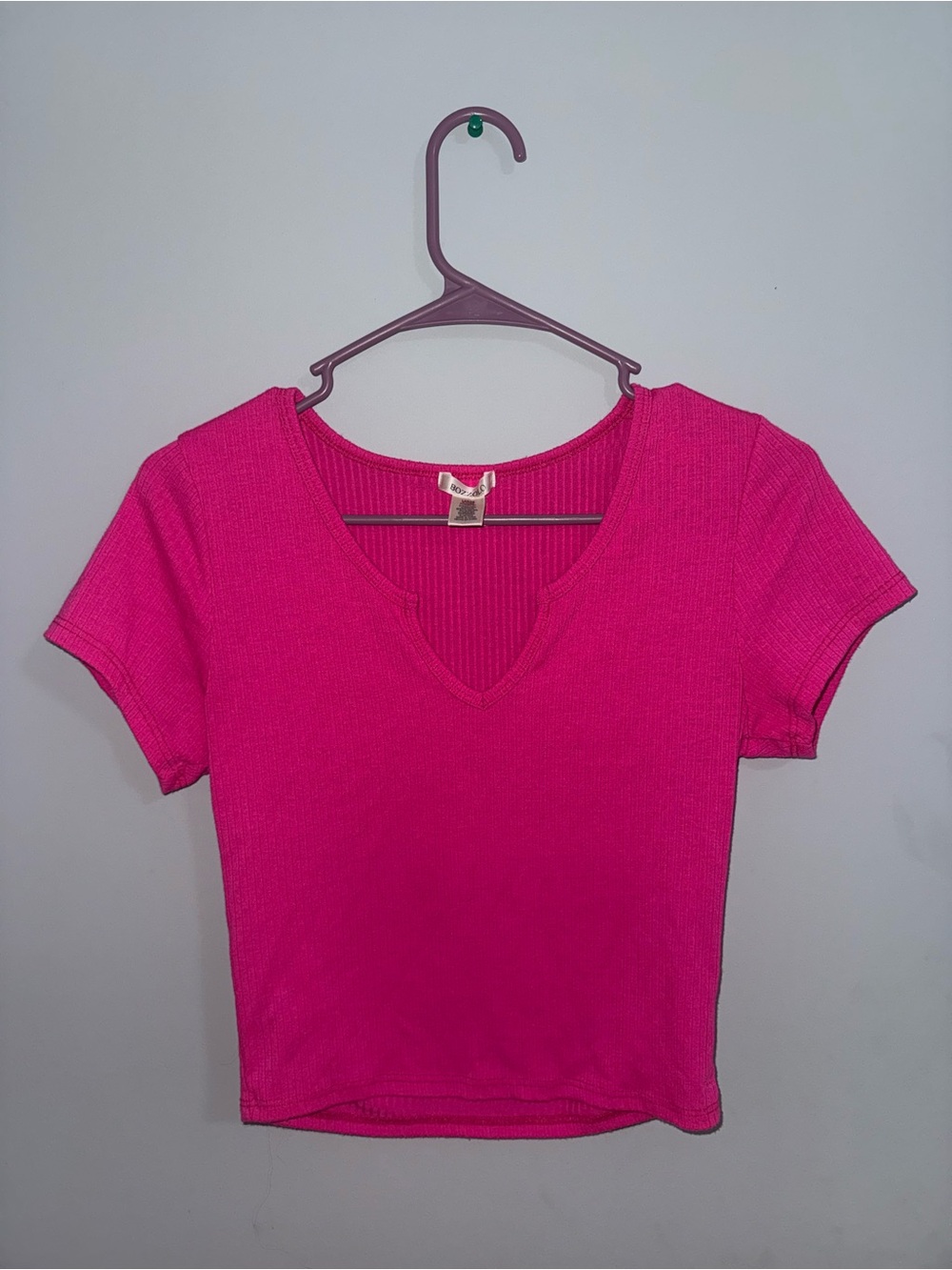 Bozzolo Hot Pink Ribbed V-Neck Short Sleeve Top